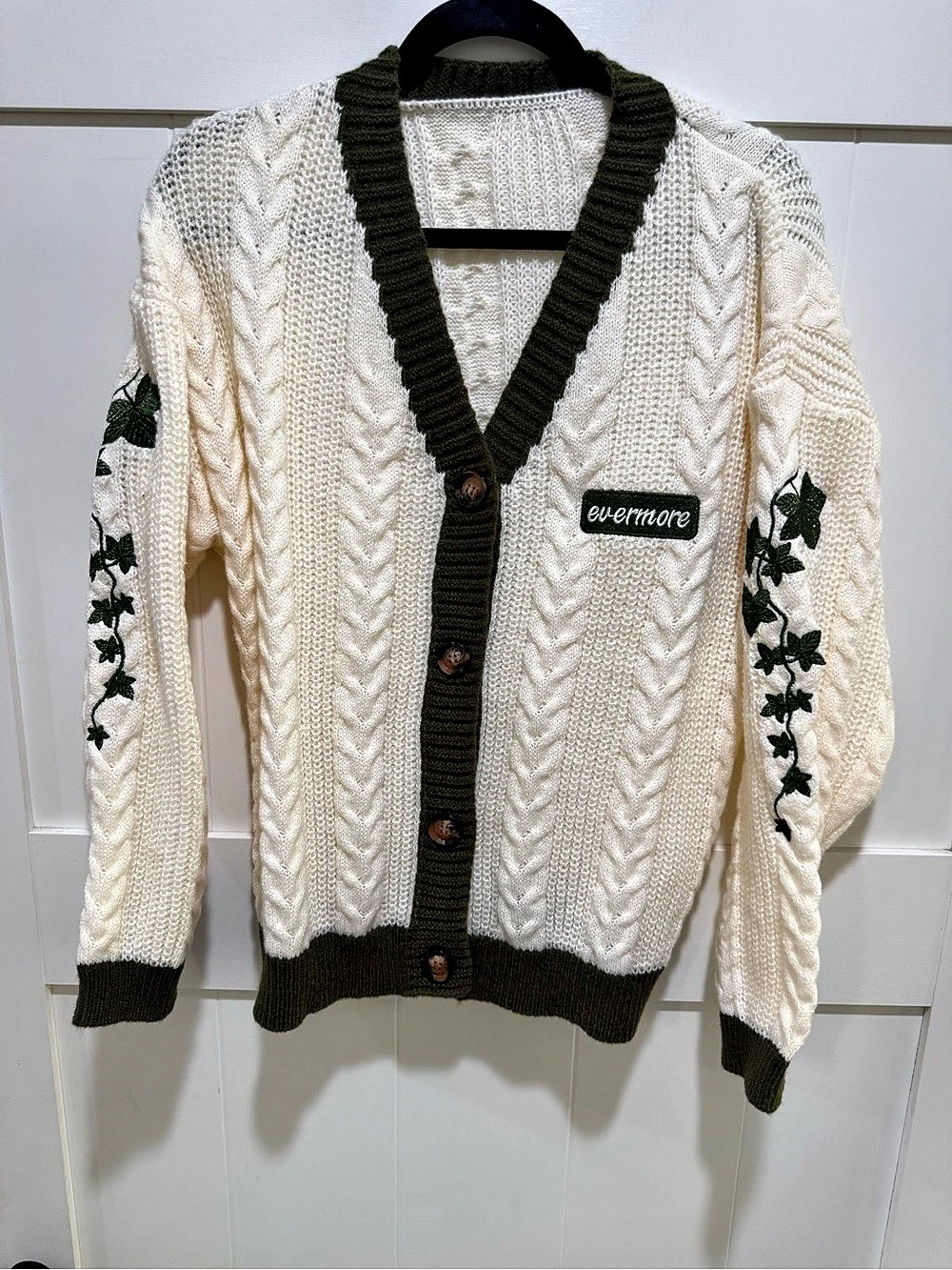 evermore Cable Knit Embroidered Cardigan in cream & Green Size Medium